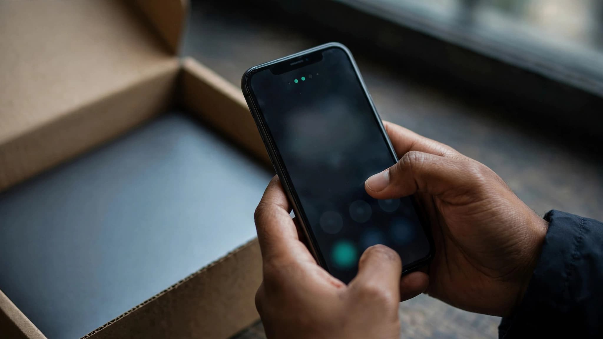Close-up of someone entering a code on their phone beside an opened item.